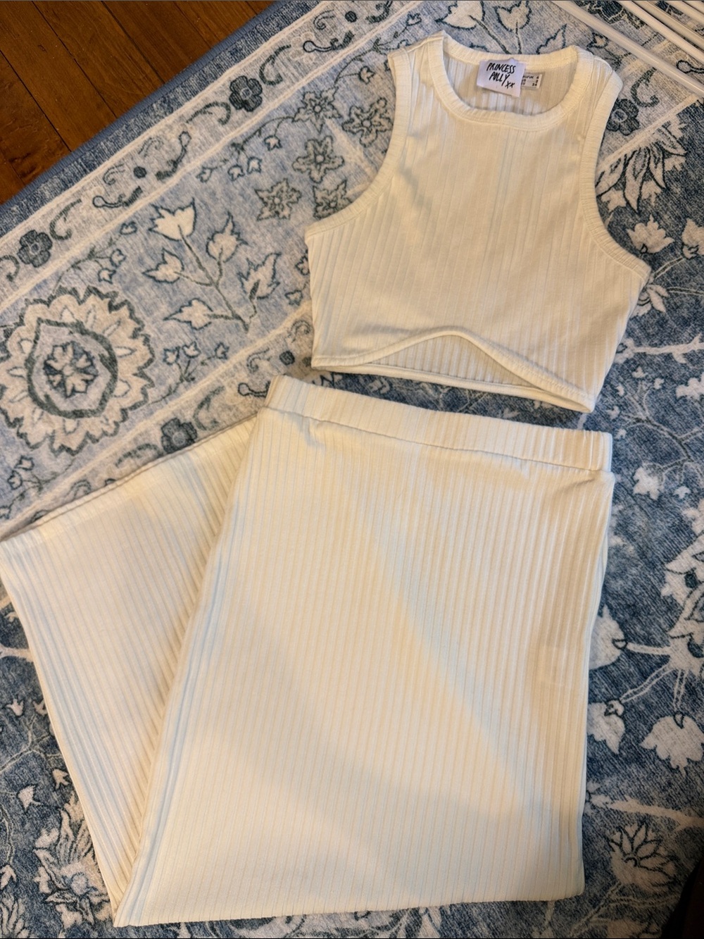 White Ribbed Two-Piece Crop Tank & Midi Skirt Set